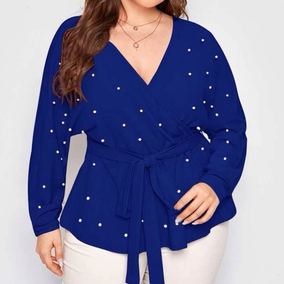 Boho dusty pink  plus size pearls beaded surplice blouse - Picture 2 of 6